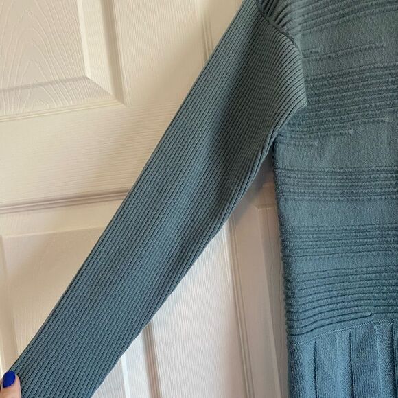 Lafayette148 blue green sweater small wool cashmere blend ribbed high low - Picture 3 of 7
